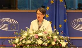 副總統蕭美琴在IPAC布魯塞爾峰會，向全球立法者大會發表演說。（圖／翻攝IPAC官方社群）