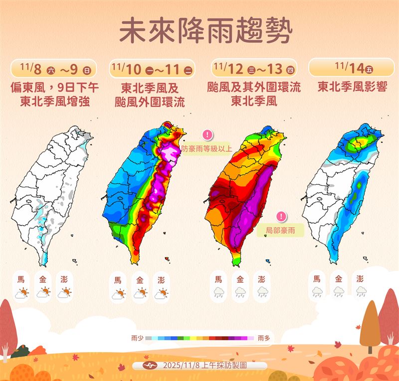 受鳳凰颱風影響，北部、東北部可能出現豪雨等級降雨，其中下週二雨勢最強。（圖／氣象署提供）