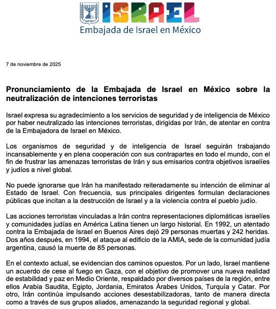 以色列外交部發布聲明，感謝墨西哥政府粉碎了伊朗的暗殺陰謀。（圖／翻攝自X平台 @LuisCardenasMx）