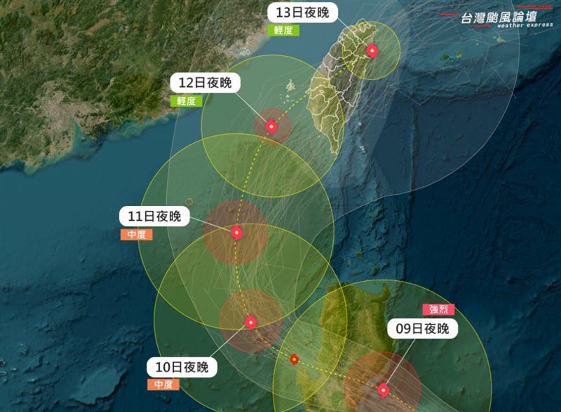鳳凰颱風下週三（12日）上午暴風圈接觸南部陸地，週四（13日）凌晨左右登陸。（圖／翻攝自「台灣颱風論壇｜天氣特急」臉書）