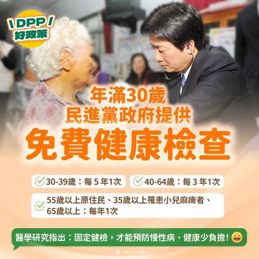 民進黨今（9）日在臉書宣布「DPP好政策再+1」，30歲以上，民進黨政府提供免費健康檢查。（圖／翻攝民進黨臉書）