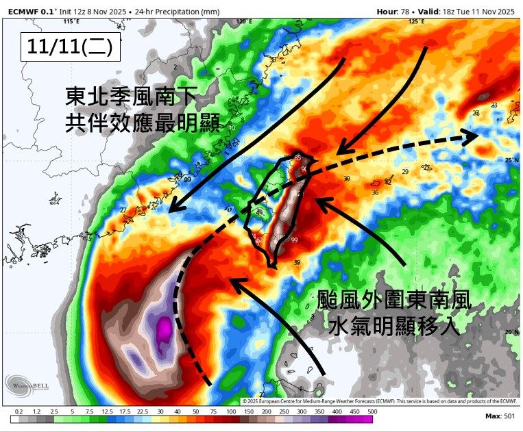 週二(11日)颱風的位置跟東北季風產生共伴效應機會很高。（圖／翻攝自吳聖宇臉書）