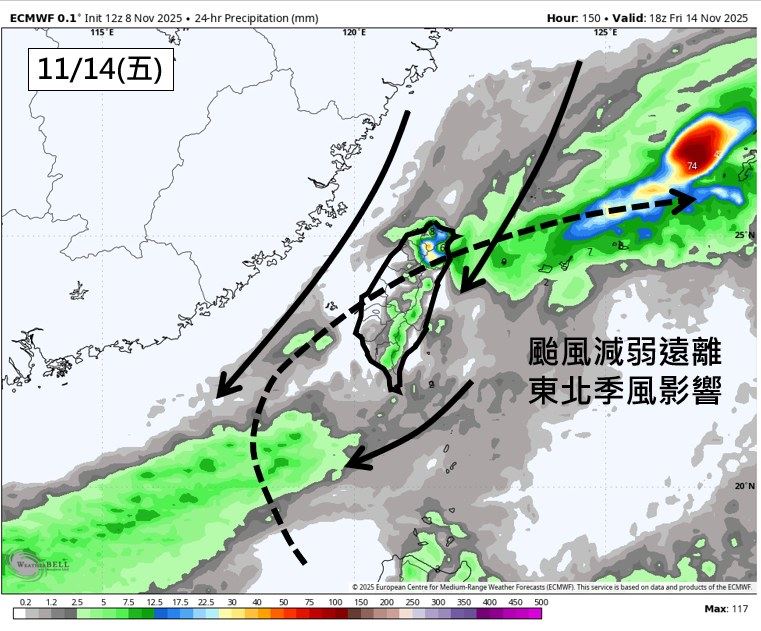 週五(14日)大致就已經恢復東北季風型的天氣。（圖／翻攝自吳聖宇臉書）