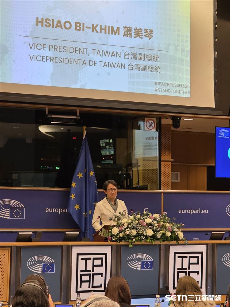 我國副總統蕭美琴無預警現身位於比利時首都布魯塞爾的歐洲議會，並以「Taiwan：A Trusted Partner in a Volatile World（台灣：世界在動盪變局中可信賴的夥伴）」為題發表演說，她一上台，讓現場所有人都驚訝和感動不已。（圖／受訪者提供）