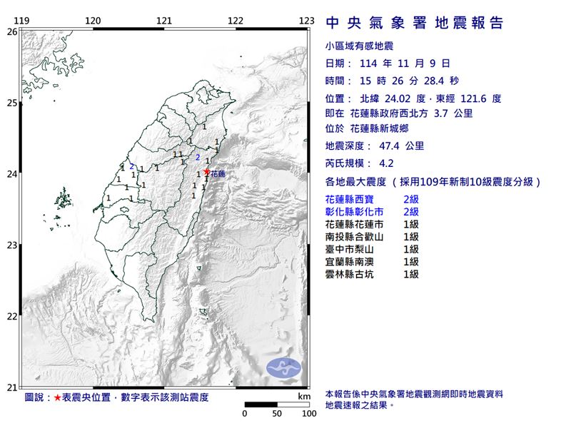 今（9）日15時26分發生芮氏規模4.2地震。（圖／氣象署）