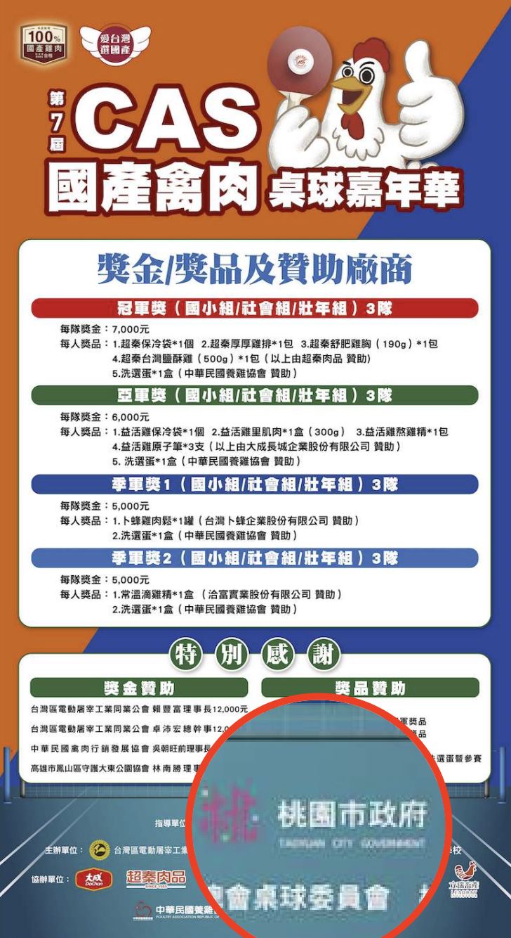 「第七屆CAS國產禽肉嘉年華桌球錦標賽」海報寫上桃園市政府指導，但市府澄清完全不知情。（圖／翻攝自桃園市體育會桌球委員會臉書）