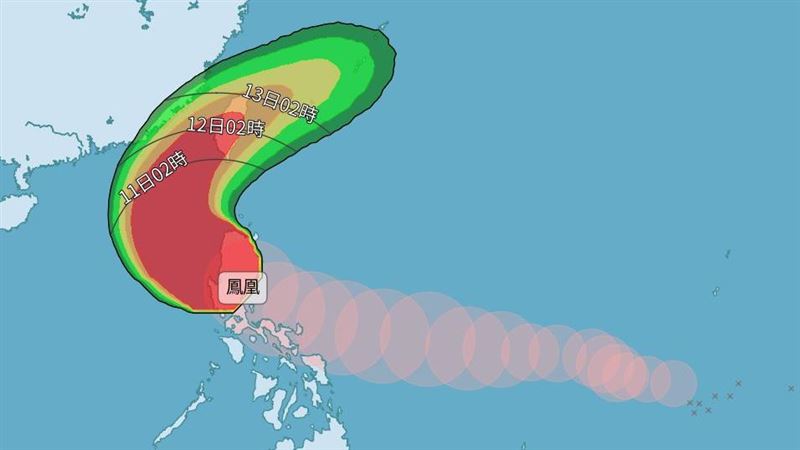 週三颱風中心逐漸接近西半部地區，在中南部、花東部地區有陣雨，並有大雨或局部豪雨發生的機率，北部及東北部地區有短暫陣雨。（圖／中央氣象署）