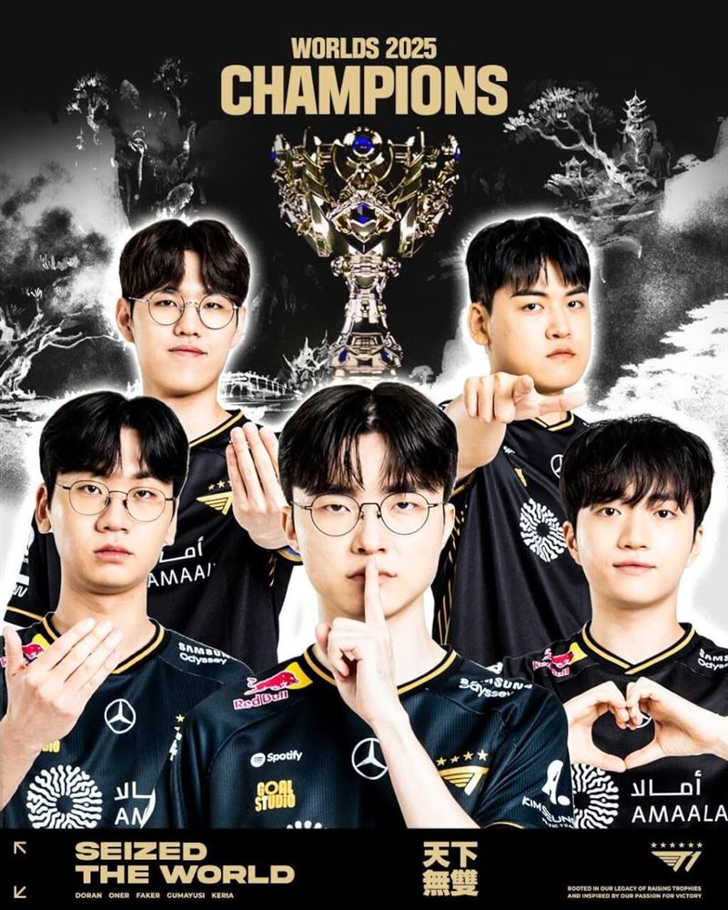 英雄聯盟世界大賽，韓國戰隊T1以3比2逆轉同賽區的KT，成為史上首度完成3連霸戰隊、締造「T1王朝」。（圖／翻攝自T1LoL臉書）