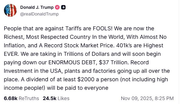 川普發文稱每人將會拿到2000美元股息。（圖／翻攝自川普truth social）