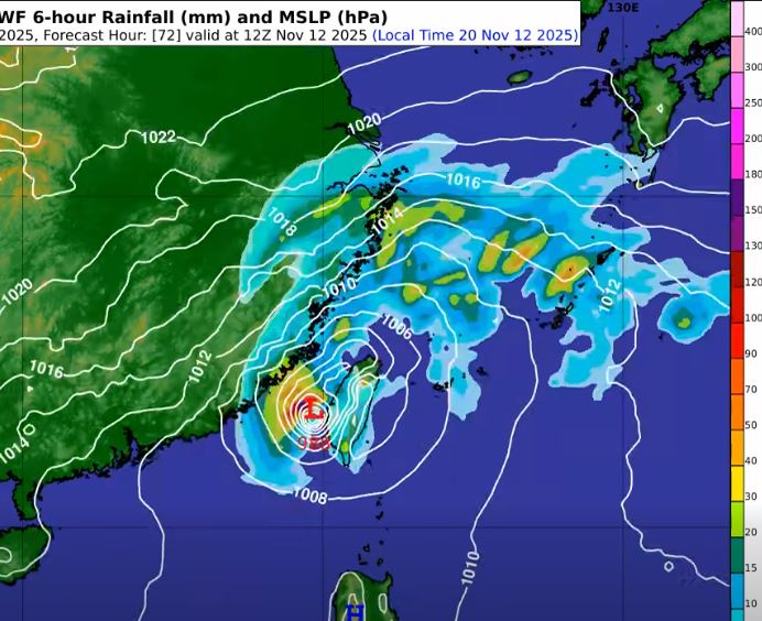 預期週三暴風圈靠近，中心登陸的時候已經是輕度颱風。（圖／翻攝自天氣風險 WeatherRisk）