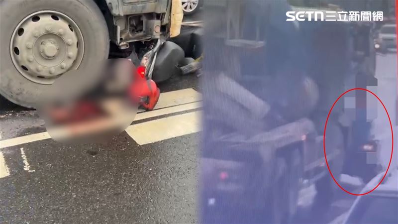 73歲林姓阿嬤疑似不耐久候，鑽車縫想抄近路回轉至對向車道；未料，進入水泥預拌車死角區，雙腿活生生被輾過。（圖／翻攝畫面）