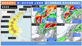 天氣風險貼出未來風雨時程，預估週三暴風圈開始影響中南部陸地，傍晚前後颱風中心可能在雲林以南沿海登陸。（圖／翻攝自天氣風險 臉書）