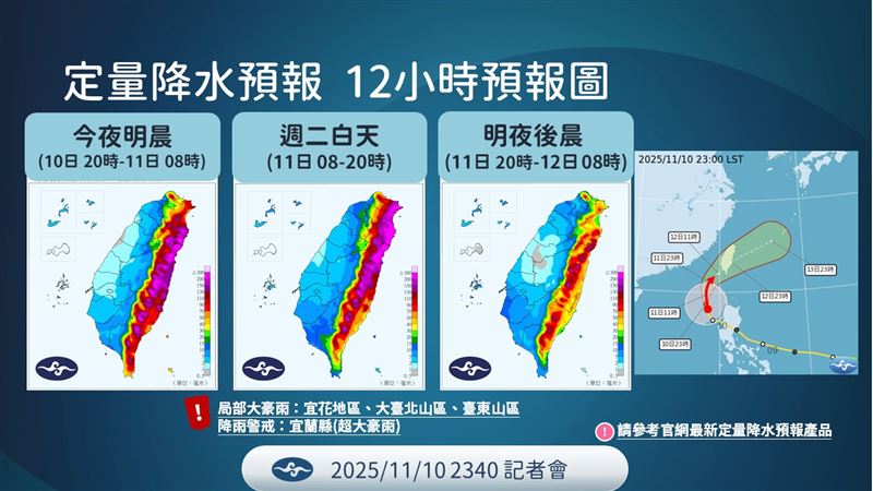 氣象署指出，東部週二明顯，尤其宜蘭山區要嚴防超大豪雨（圖／中央氣象署）