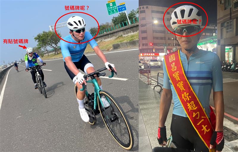 四叉貓質疑，活動要求參加者在安全帽上貼號碼牌，但黃國昌並沒有貼。（圖／翻攝自四叉貓threads）