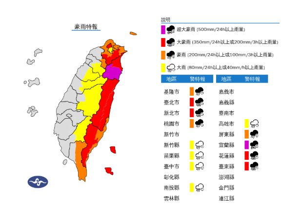 13縣市豪、大雨特報。（圖／中央氣象署）