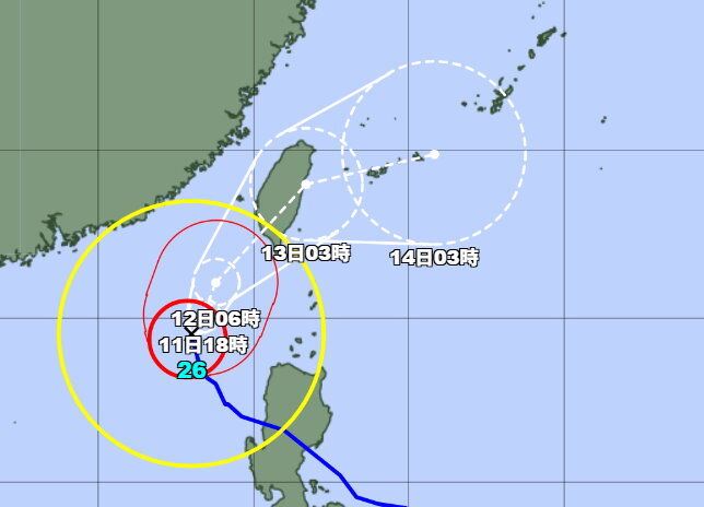 據日本氣象廳最新預測，鳳凰將是「穿心颱」，從台灣南部登陸，穿越中央山脈後於東部出海。（圖／翻攝自日本氣象廳）