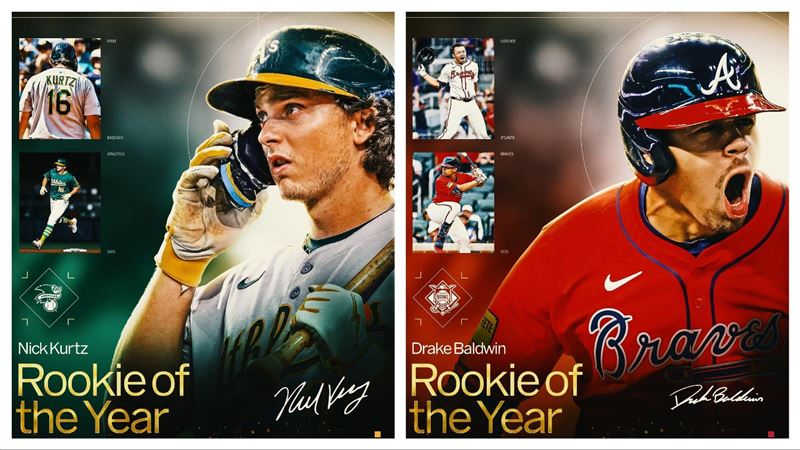 運動家一壘手柯茲（Nick Kurtz）、勇士捕手鮑德溫（Drake Baldwin）拿下新人王。（圖／翻攝自MLB推特）
