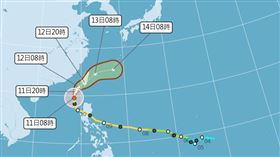 氣象署在早上的預報中指出，鳳凰颱風「登陸時間延後」，路徑南修。（圖／氣象署）

