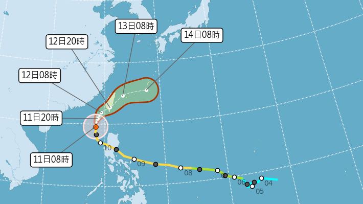 氣象署在早上的預報中指出，鳳凰颱風「登陸時間延後」，路徑南修。（圖／氣象署）