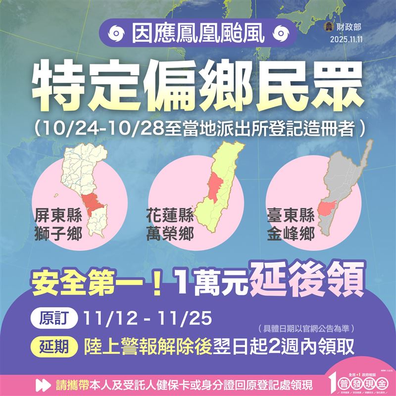 屏花東3偏鄉普發1萬元領取時間延後。（圖／取自財政部臉書）