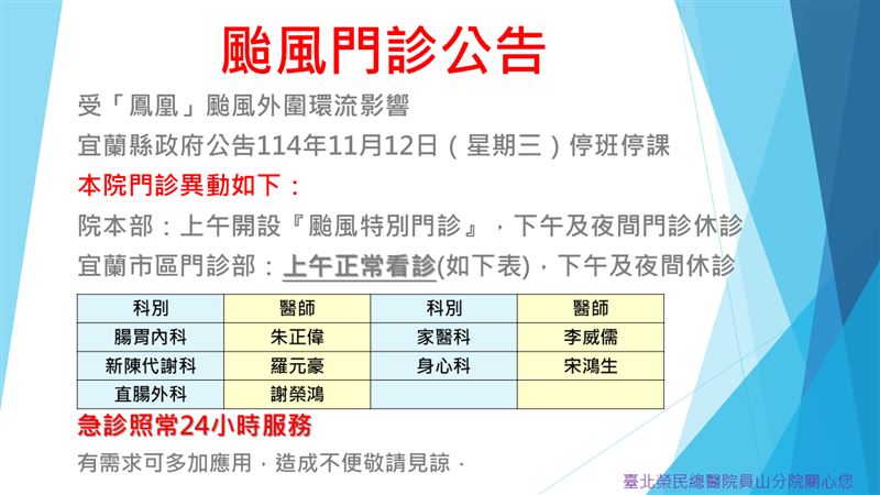 台北榮民總醫院員山分院上午開設「颱風特別門診」，下午及夜間門診休診。(圖／取自台北榮民總醫院員山分院官網)