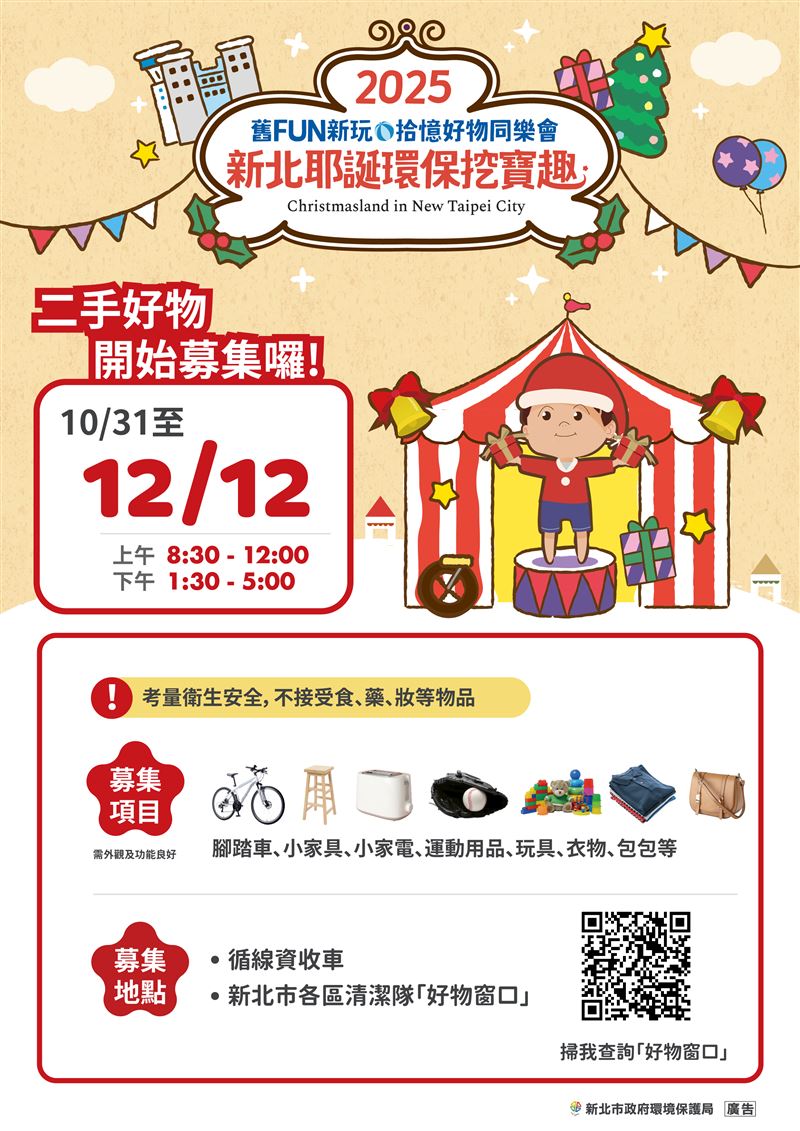 新北市環保局自即日起至12月12日止發起「舊FUN新玩·拾憶」二手好物召集令。（圖／新北市政府提供）
