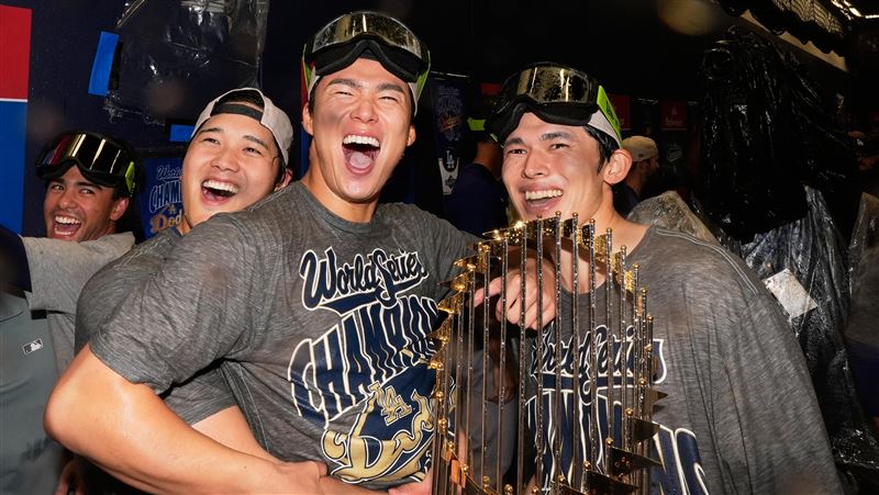 道奇陣中3名日本球員大谷翔平、山本由伸、佐佐木朗希。（圖／美聯社／達志影像）