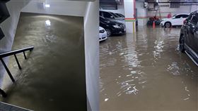 煙波大飯店地下停車場被豪雨淹沒。（圖／翻攝自Threads @rabbitbee99）