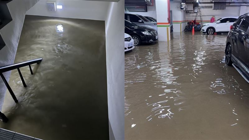 煙波大飯店地下停車場被豪雨淹沒。（圖／翻攝自Threads @rabbitbee99）