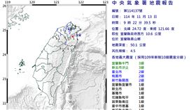 宜蘭09時22分發生規模4.5地震。（圖／中央氣象署）