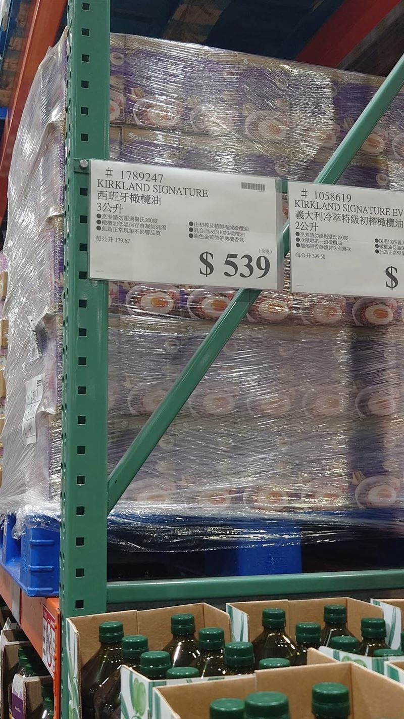 有會員發現，好市多自有品牌科克蘭（Kirkland）有機特級初榨橄欖油降價了，去年3 公升裝1135元，竟然降到539元，降幅逾50%。（圖／會員提供）