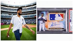 身為洋基死忠球迷的唐斯（Karl-Anthony Towns）日前抽中山本由伸球員卡。（圖／翻攝自洋基 X、圖／翻攝自MLB X）