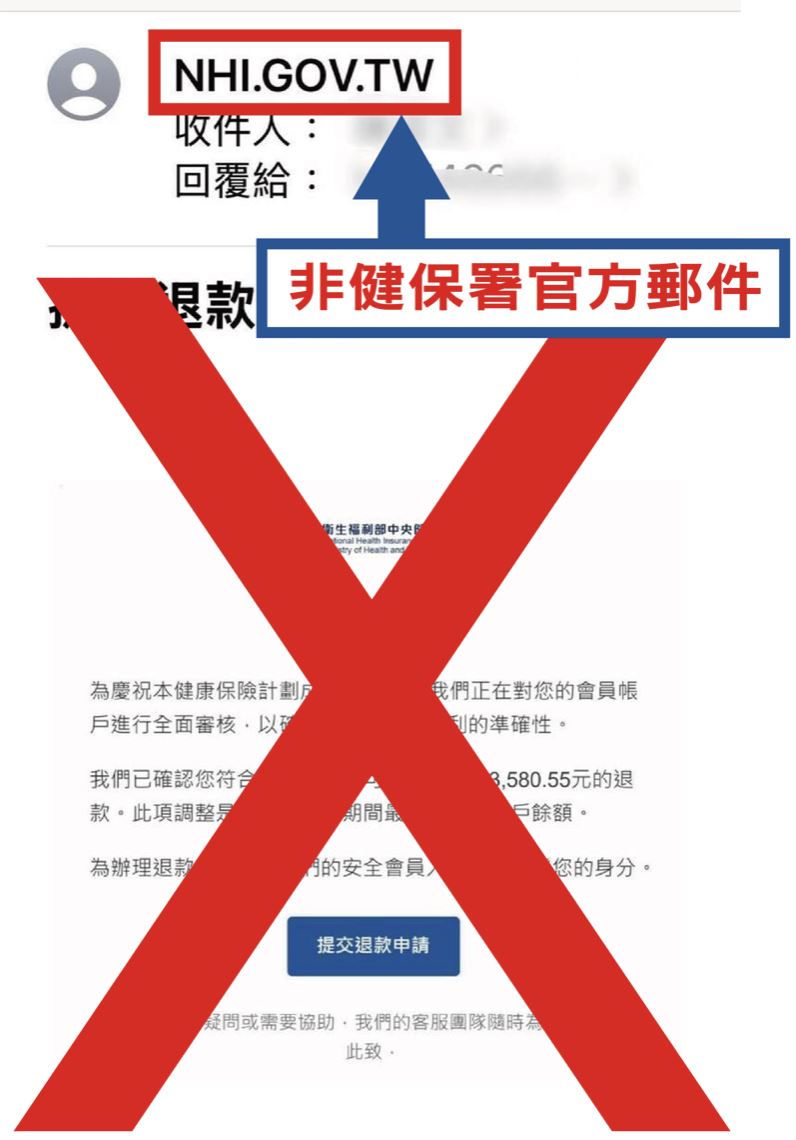 健保署接獲民眾反映不明人士冒用健保署名義發送簡訊或郵件。（圖／健保署提供）