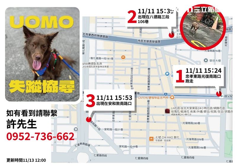 演員張楷奕愛犬失蹤四天，求協尋並懸賞一萬元。（圖／張楷奕提供）