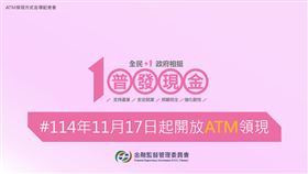 114年11月17日起，民眾可持任一銀行或郵局提款卡，到貼有「普發現金」識別貼紙的指定ATM，一鍵領取1萬元現金，免跨行手續費、全台逾2.8萬台機器可用。財政部提醒，認明官方網站10000.gov.tw，政府不會打電話或傳訊教你操作ATM，慎防詐騙。（圖／財政部提供） 