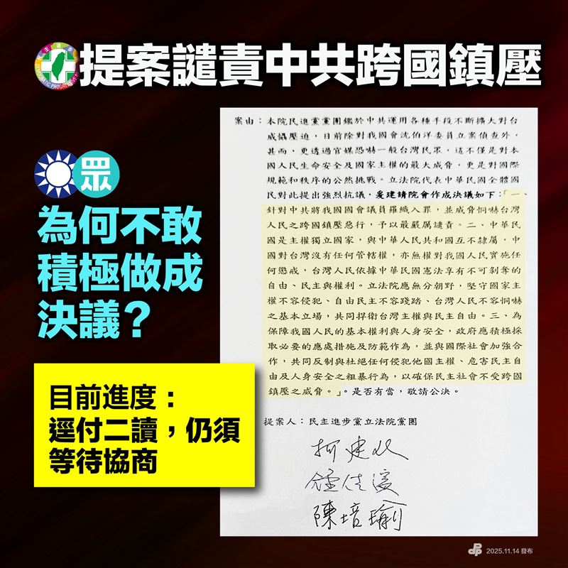 民進黨團：提案譴責中共跨國鎮壓，藍白為何不敢積極做成決議？（圖／翻攝自民主進步黨）