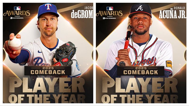 狄格隆（Jacob deGrom）、亞古納（Ronald Acuna Jr.）獲得東山再起獎。（圖／翻攝自MLB推特）