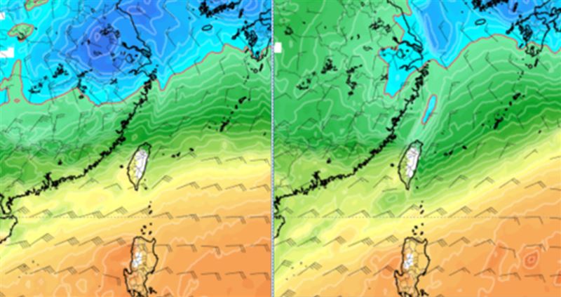 最新(14日20時)歐洲模式(ECMWF)模擬下週三(19日)2時850百帕溫度圖(左圖)，與前兩天(12日20時)對同時間(19日2時)的模擬圖(右圖)對比顯示，南下台灣的冷空氣調慢又調弱。（圖／翻攝自洩天機教室官網）