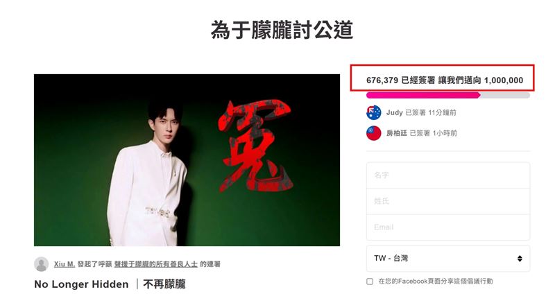 截至11月15日為止，已有超過67萬名網友參與「為于朦朧討公道」連署。（圖／翻攝自Avaaz網站）