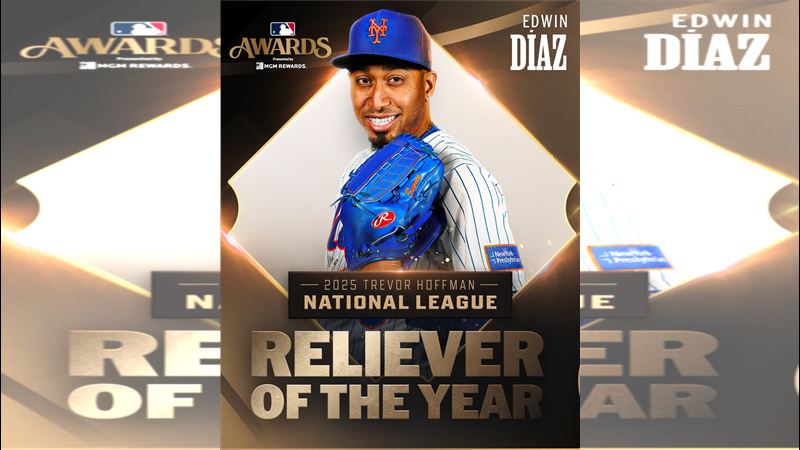 狄亞茲（Edwin Diaz）拿下年度最佳救援投手。（圖／翻攝自X平台 @MLB）