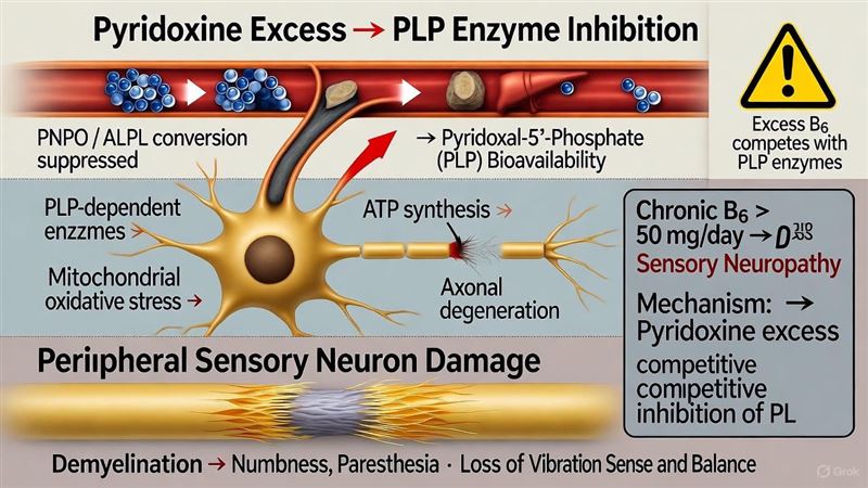 維生素 B6 必須在體內轉化為其活性形式 Pyridoxal-5'-Phosphate (PLP) 才能發揮作用。當 B6 過量時,它會與負責激活 PLP 的酵素競爭。導致神經細胞(神經元)內部發生一系列代謝功能障礙,最終造成損傷。出現麻木(Numbness)、感覺異常/刺痛(Paresthesia)、喪失振動感與平衡能力。(圖/翻攝自徐國峰醫師臉書)