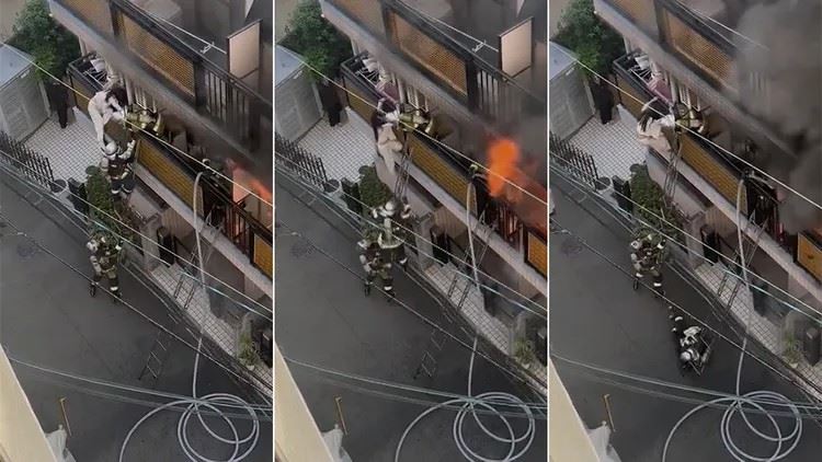 日公寓傳火警，疑住戶煮蛋不慎釀災，消防員救人反遭白衣女踹下樓。（圖／翻攝自X平台@vw908kk）