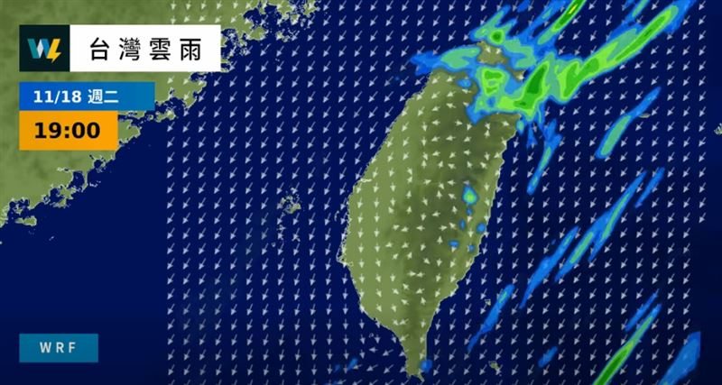 這波冷空氣水氣多，北部東北部都會是陰雨天氣。（圖／翻攝自天氣風險 WeatherRisk）