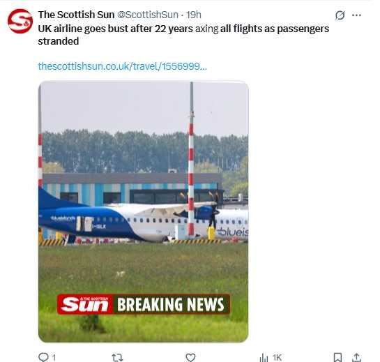 Blue Islands機隊以ATR-72機型為主，如今全數停飛停擺。（圖／翻攝自X＠The Scottish Sun）