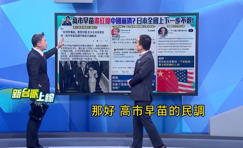 主持人李正皓（左）與資深媒體人鍾年晃（右）點出，高市早苗因強硬對中立場，反而政治聲望急速上升。（圖／翻攝自新台派上線）