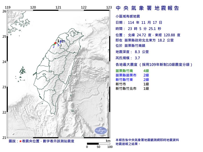 竹南昨深夜11點發生小區有感地震。（圖／氣象署）