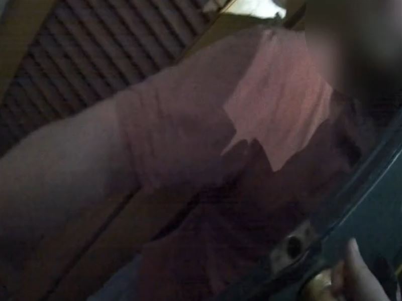 陳男持榔頭躲在門板後方。（圖／翻攝畫面）