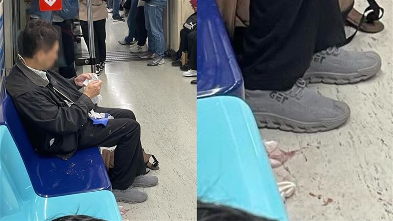 女乘客下班搭北捷返家，卻突遭鄰座中年男子「猛烈狂吐」波及，牛仔褲及包包全遭殃。（圖／網友viola_yt1220授權提供，未經同意請勿轉載）