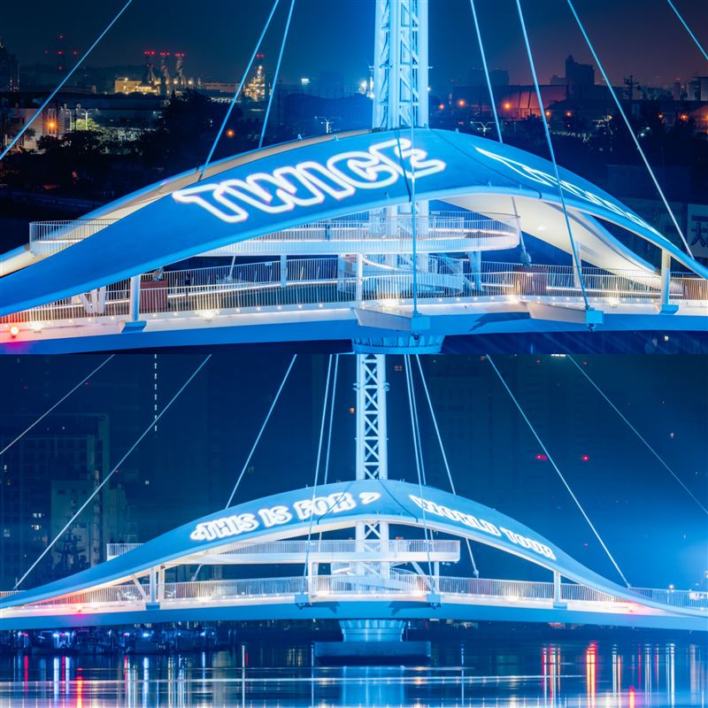 高雄七大地標同步點亮巡迴視覺藍燈光＋雷射字體，歡迎TWICE來台巡演。（圖／翻攝自陳其邁臉書）