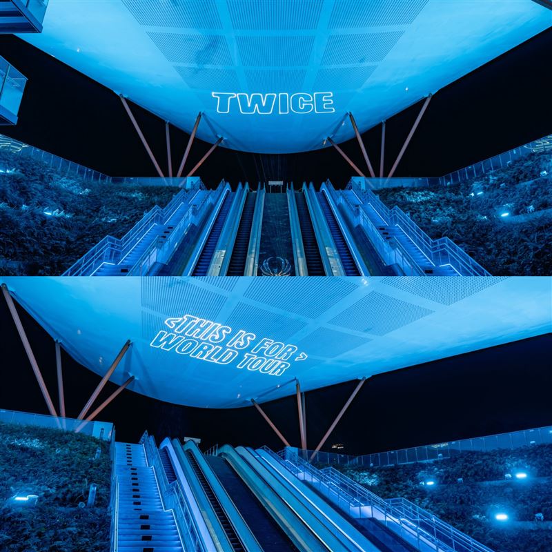 高雄七大地標同步點亮巡迴視覺藍燈光＋雷射字體，歡迎TWICE來台巡演。（圖／翻攝自陳其邁臉書）